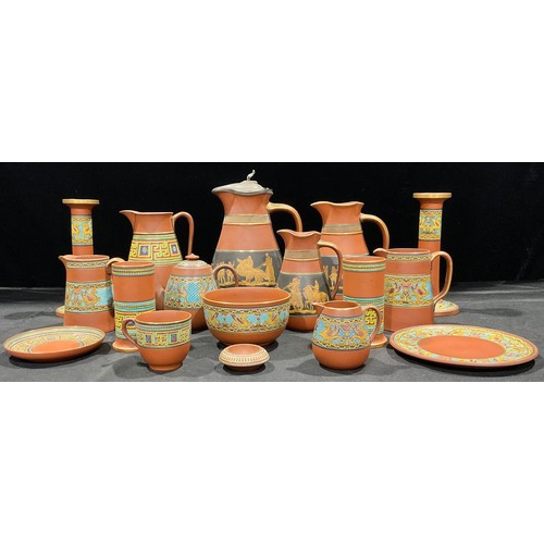 326 - A collection of Etruscan revival terracotta ware; including candlestick, hallow ware; etc