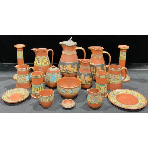 326 - A collection of Etruscan revival terracotta ware; including candlestick, hallow ware; etc