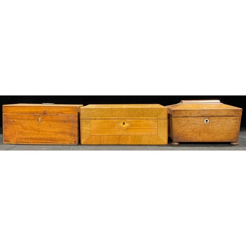 327 - A Victorian walnut and parquetry work box, c.1870; a George III mahogany rectangular tea caddy; a Vi... 