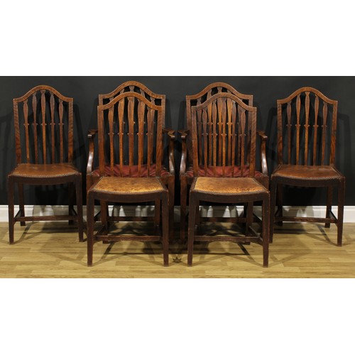 91 - A set of six early 20th century oak dining chairs, comprising four side chairs and a pair of carvers... 