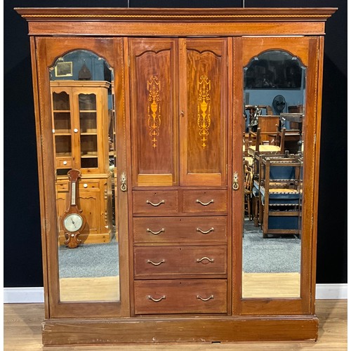 100 - An Edwardian Sheraton Revival mahogany and marquetry compactum wardrobe, 216cm high, 192cm wide, 61c... 