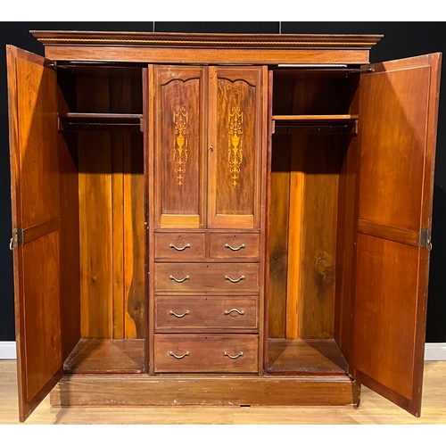 100 - An Edwardian Sheraton Revival mahogany and marquetry compactum wardrobe, 216cm high, 192cm wide, 61c... 