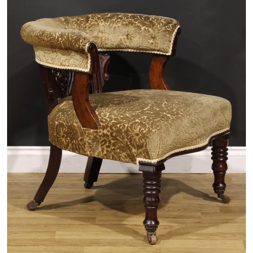 185 - A Victorian walnut and mahogany club elbow chair, 76cm high, 73cm wide, the seat 54cm wide and 54cm ... 