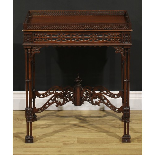 192 - A Chippendale Revival mahogany fretwork and blind fretwork silver table, galleried rectangular top, ... 