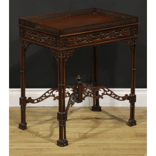 192 - A Chippendale Revival mahogany fretwork and blind fretwork silver table, galleried rectangular top, ... 