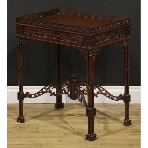 192 - A Chippendale Revival mahogany fretwork and blind fretwork silver table, galleried rectangular top, ... 