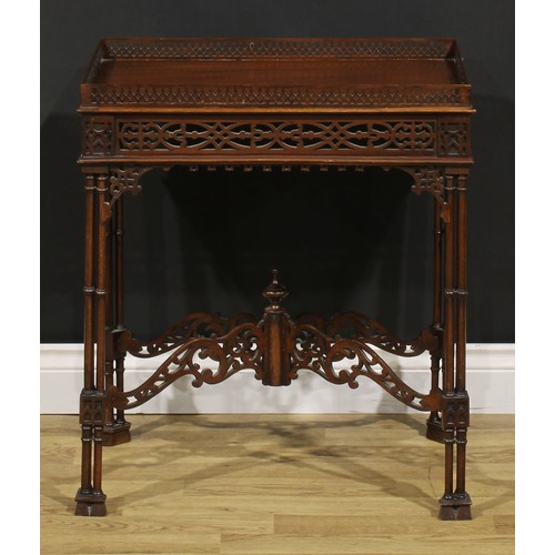 192 - A Chippendale Revival mahogany fretwork and blind fretwork silver table, galleried rectangular top, ... 