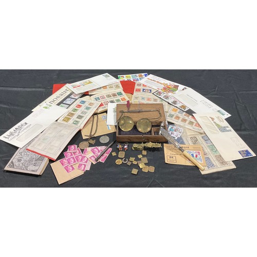 408 - Stamps and Miscellany - mixed box of maerial to include ten stamp folders, box with brass scales, si... 