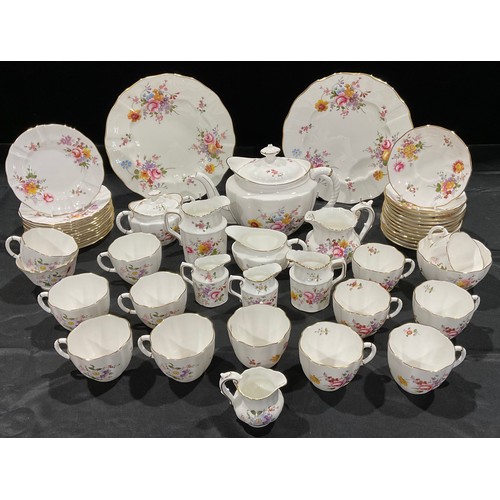 438 - A Royal Crown Derby Posies pattern tea service for twelve, comprising teapot, cream jugs, sugar bowl... 