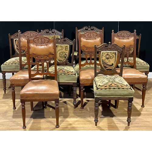 457 - An Art Nouveau period six-piece salon or drawing room suite; a set of four similar dining chairs (10... 