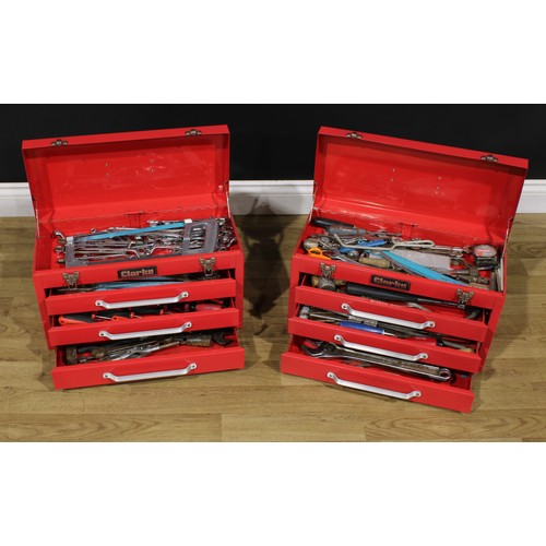 464 - A pair of Clarke steel tool boxes, painted red, hinged covers above three graduated sliding drawers,... 