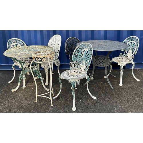 471 - A 19th century style aluminium composed garden suite, comprising five chairs, two tables and a plant... 