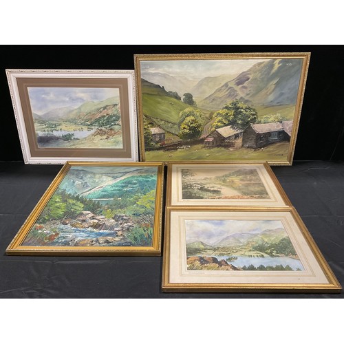 476 - Pictures and Prints - three watercolours, two oils, Lake District Scenes, J Large