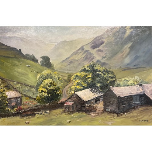 476 - Pictures and Prints - three watercolours, two oils, Lake District Scenes, J Large