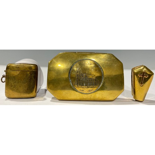 360 - Boxes & Objects - a 19th century brass snuff box, Köln Cathedral; a brass coffin shaped vesta, cross... 