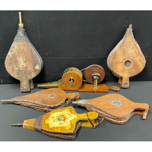 444 - A set of 19th century brass and oak mechanical bellows, 61cm long; other bellows, Georgian and later... 