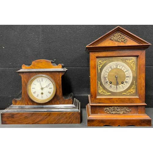 449 - An Edwardian architectural walnut mantel clock, Roman numerals on silvered chapter ring, twin windin... 