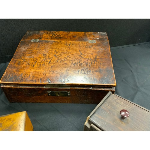 36 - 19th century writing slope, 34cm long, a Victorian marquetry inlaid tea caddy, fitted interior, conf... 