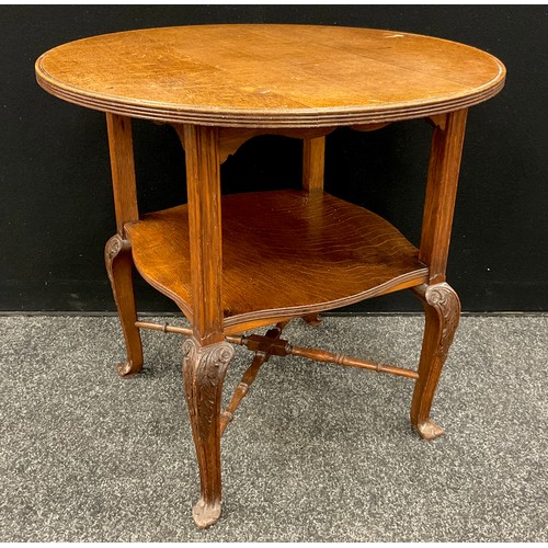 61 - An Arts and Crafts style oak occasional table, circular quarter-sawn oak top with reeded edge, serpe... 