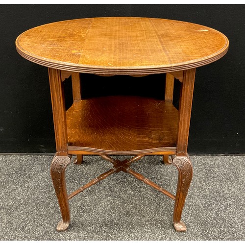 61 - An Arts and Crafts style oak occasional table, circular quarter-sawn oak top with reeded edge, serpe... 