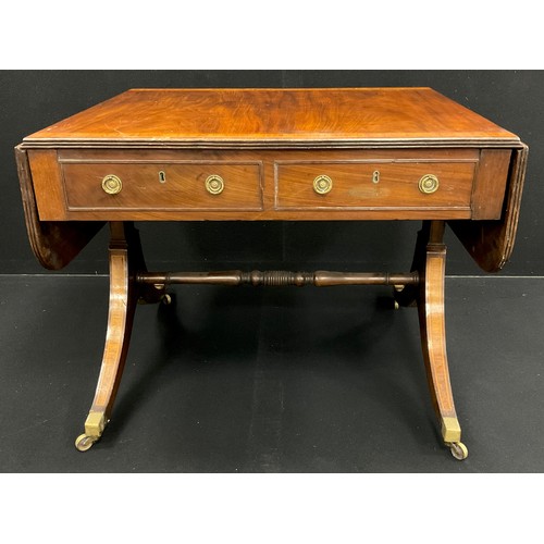 71 - A late 19th century mahogany sofa table; crossbanded rounded rectangular top, pair of drawers to fri... 