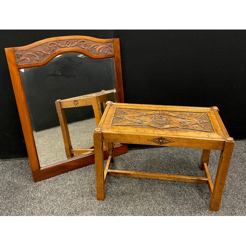 74 - An Arts and crafts style quarter-sawn oak side table or stool, chip-carved panel to top, 42cm high x... 