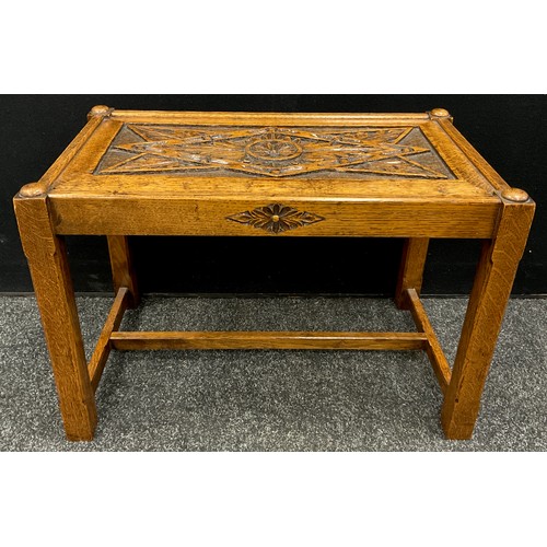 74 - An Arts and crafts style quarter-sawn oak side table or stool, chip-carved panel to top, 42cm high x... 