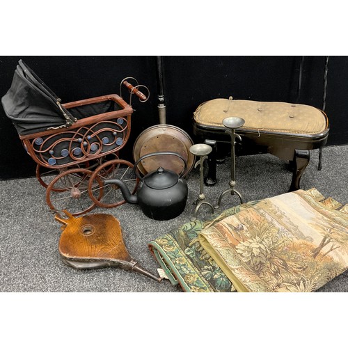 90 - Boxes and objects - cast iron tea pot, 30cm high, bellows, ebonised Victorian foot stool, 59cm long,... 