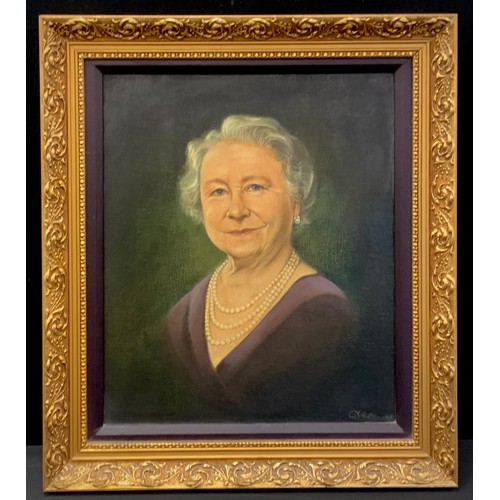 91 - D. Bolton, 'Queen Elizabeth The Queen Mother', oil on board, signed and dated, c.1980, 43cm x 36cm