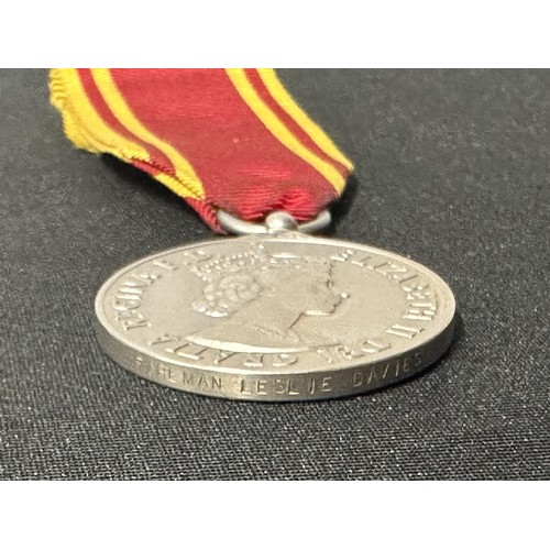 9015 - Fire Brigade Medals: Fire Brigade Long Service Medal complete with ribbon to Fireman Leslie Davis: N... 