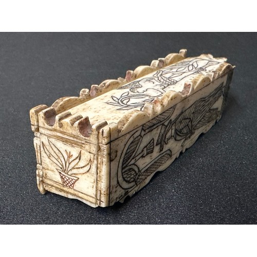 9045 - Napoleonic Prisoner of War Work Bone Dominoe Set. 22 Bone Dominoes and a Bone case with engraved fig... 