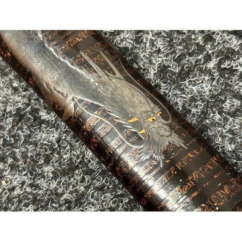 9065 - Japanese Sword with 730mm long single edged blade, good Hamon line. Unsigned tang. Iron tsuba. Raysk... 