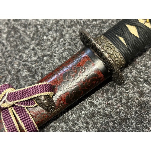 9066 - Japanese Wakizashi Sword with single edged blade 445mm in length. Good Hamon line. Signed tang. Over... 