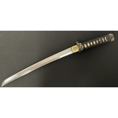 9067 - Japanese Wakizashi Sword with single edge blade with good Hamon line 400mm in length. Mon to the Hab... 