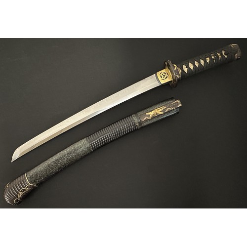 9067 - Japanese Wakizashi Sword with single edge blade with good Hamon line 400mm in length. Mon to the Hab... 