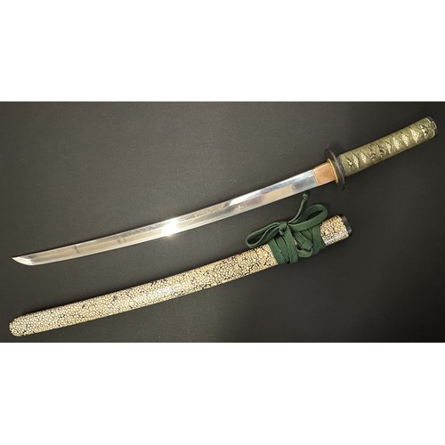 9068 - Japanese Wakizashi Sword with single edged blade 570mm in length. Hamon line to edge of blade. Tang ... 