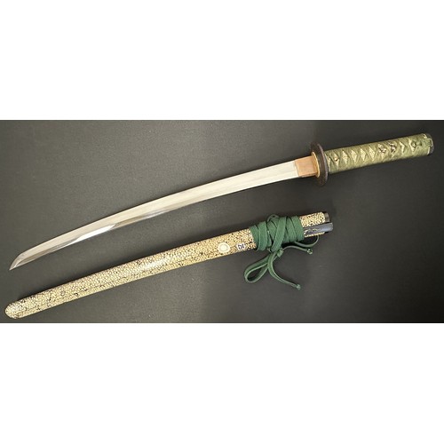 9068 - Japanese Wakizashi Sword with single edged blade 570mm in length. Hamon line to edge of blade. Tang ... 