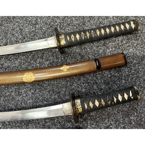 9070 - Japanese Pair Daisho Swords with complete with display stand and cloth protective bags. Larger Katan... 