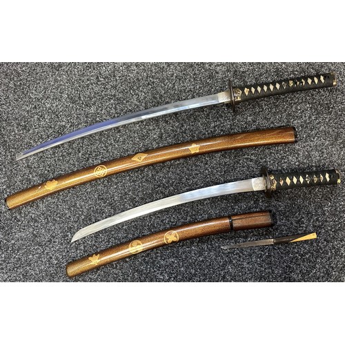 9070 - Japanese Pair Daisho Swords with complete with display stand and cloth protective bags. Larger Katan... 