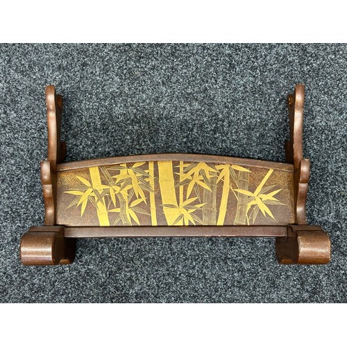 9085 - Japanese Sword Stand for three swords. Wooden. Decorated with gilt Bamboo designs. Height 34.5cc, wi... 