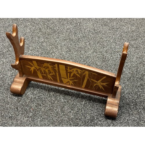 9085 - Japanese Sword Stand for three swords. Wooden. Decorated with gilt Bamboo designs. Height 34.5cc, wi... 