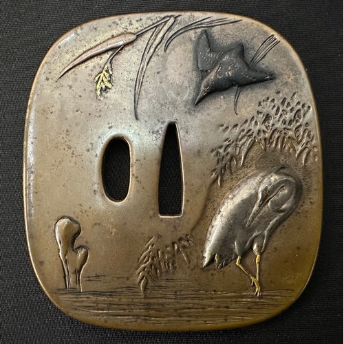 9086 - Japanese Sword Tsuba in bronze featuring a Crane. Signed Hisamasa Fukuda. Large sized example 89mm x... 