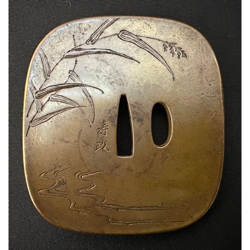 9086 - Japanese Sword Tsuba in bronze featuring a Crane. Signed Hisamasa Fukuda. Large sized example 89mm x... 