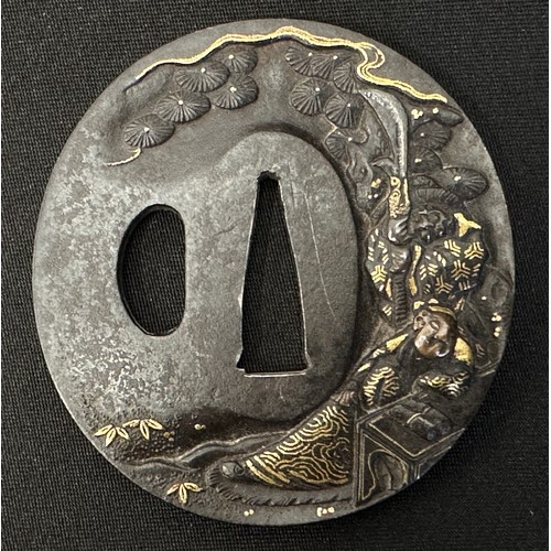 9095 - Japanese Sword Tsuba, cast iron, unsigned. Oval size 70mm x 66mm.