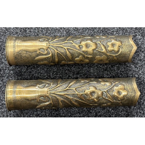 9114 - WWI French 75mm Trench Art brass shell cases, fully worked one inscribed 