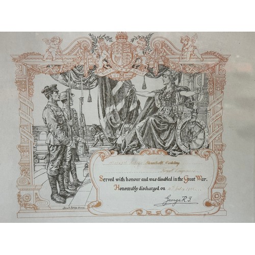 9119 - WW1 British Honourable Discharge Certificate in original frame to 158516 Sapper Oakley, Royal Engine... 