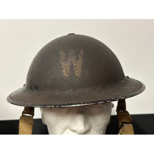 9150 - WW2 British ARP Wardens Steel Helmet with remains of original black painted finish and white 