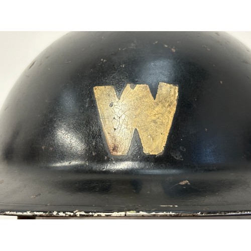 9175 - WW2 British Home Front Air Raid Wardens Steel helmet. Original black paint with white 