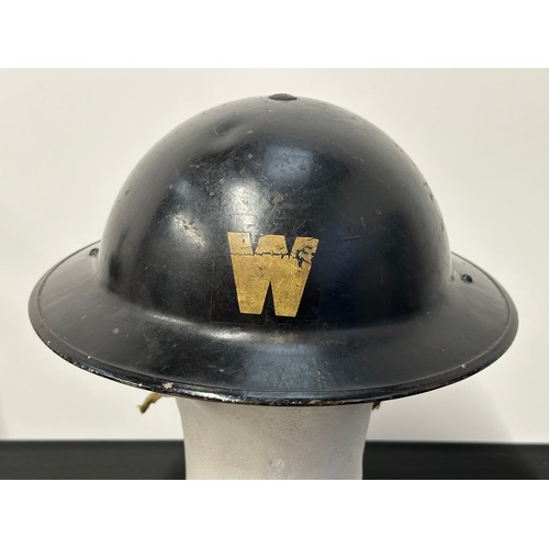 9175 - WW2 British Home Front Air Raid Wardens Steel helmet. Original black paint with white 