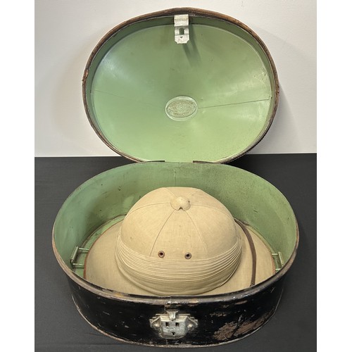 9212 - British Army Pre War Officers Tropical Pith Helmet and original Indian made tin with canvas covered ... 